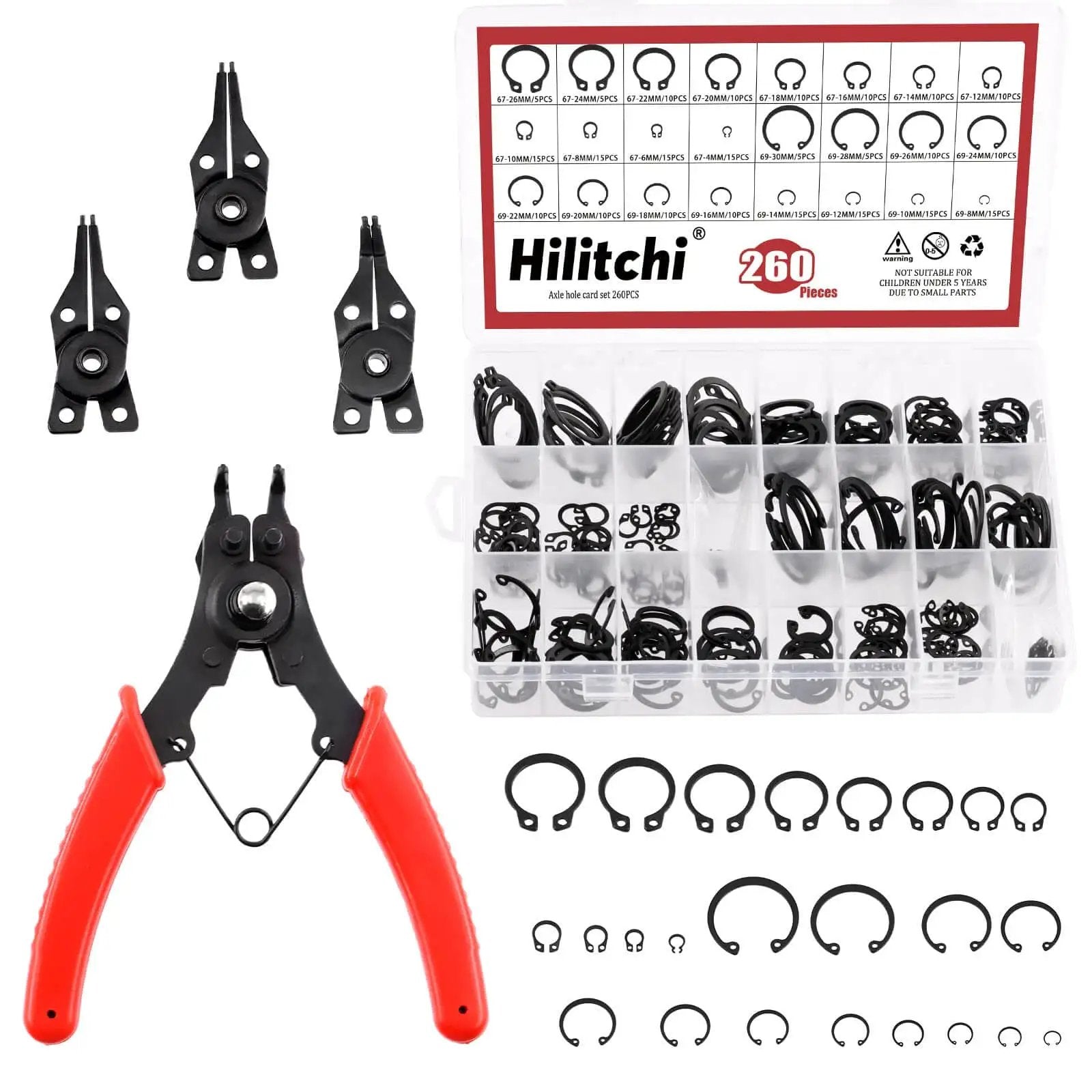 Pro Grade Alloy Steel External And Internal Retaining Ring Set 261 Pcs With 16 Sizes 4mm To 30mm Includes 4 In 1 Snap Ring Pliers And Wrist Pin Clips For DIY Repair Projects, shown with pliers and ring kit box
