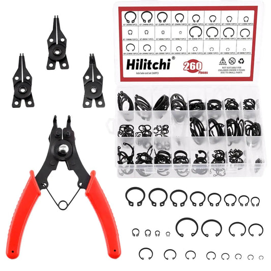 Pro Grade Alloy Steel External And Internal Retaining Ring Set 261 Pcs With 16 Sizes 4mm To 30mm Includes 4 In 1 Snap Ring Pliers And Wrist Pin Clips For DIY Repair Projects, shown with pliers and ring kit box