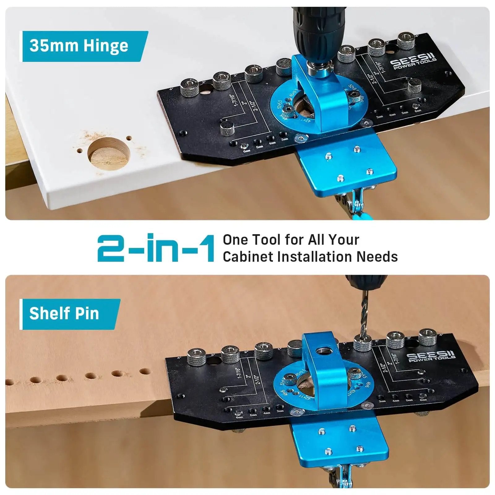 Three In One Cabinet Hardware Jig Made From Aluminum Alloy For 35mm Concealed Hinges With 5mm And One Quarter Inch Shelf Pin Holes