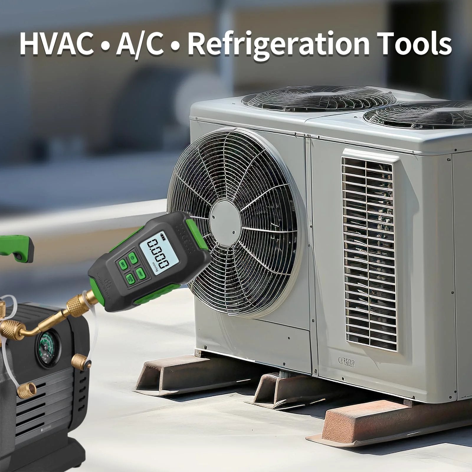 Digital Micron Vacuum Gauge For HVAC With Alarm And Temp Compensation in use on rooftop air conditioning unit