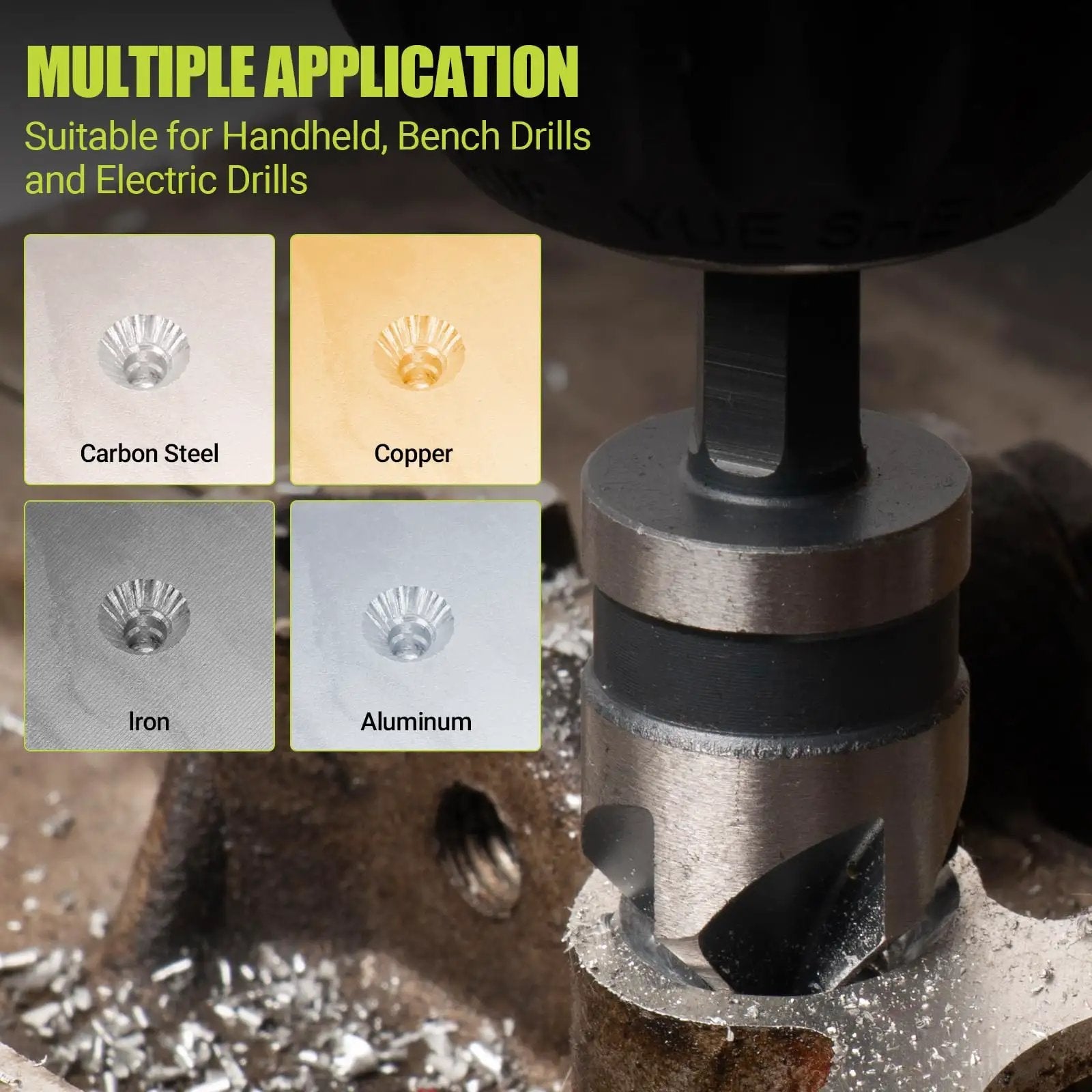 Close-up of All In One Step Drill Bit Set With Countersinks For Metal Aluminum Wood Plastic used on metal surface