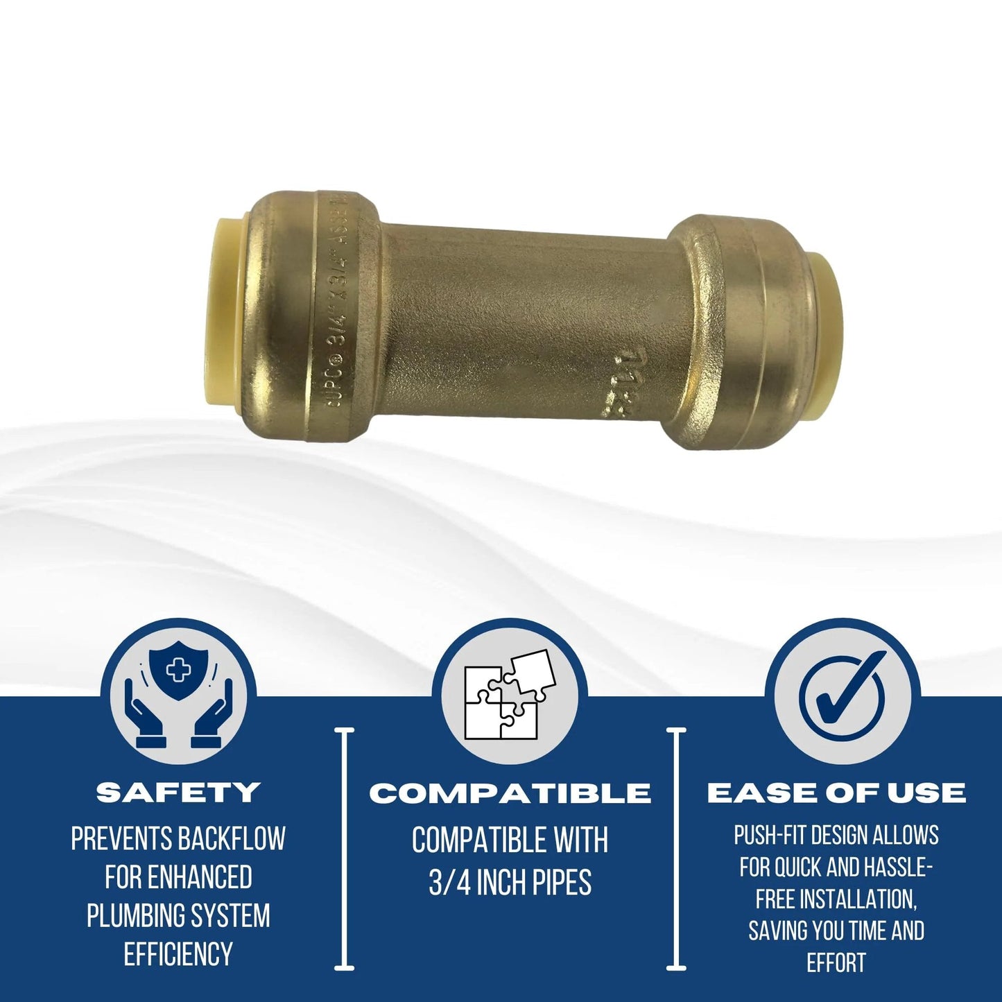Push Fit Check Valve 3/4 Inch by 3/4 Inch Brass Lead Free For Copper CPVC PEX Pipes NSF ANSI 61 ASSE 1061 Certified Easy Install