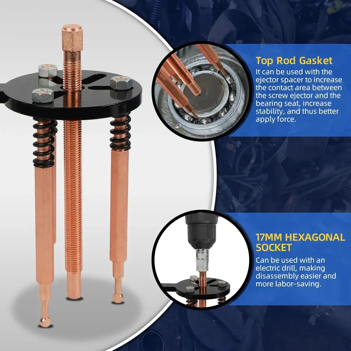 Versatile Bearing Puller Kit For Internal And External Removal showing a top rod gasket and 17mm hexagonal socket in use.