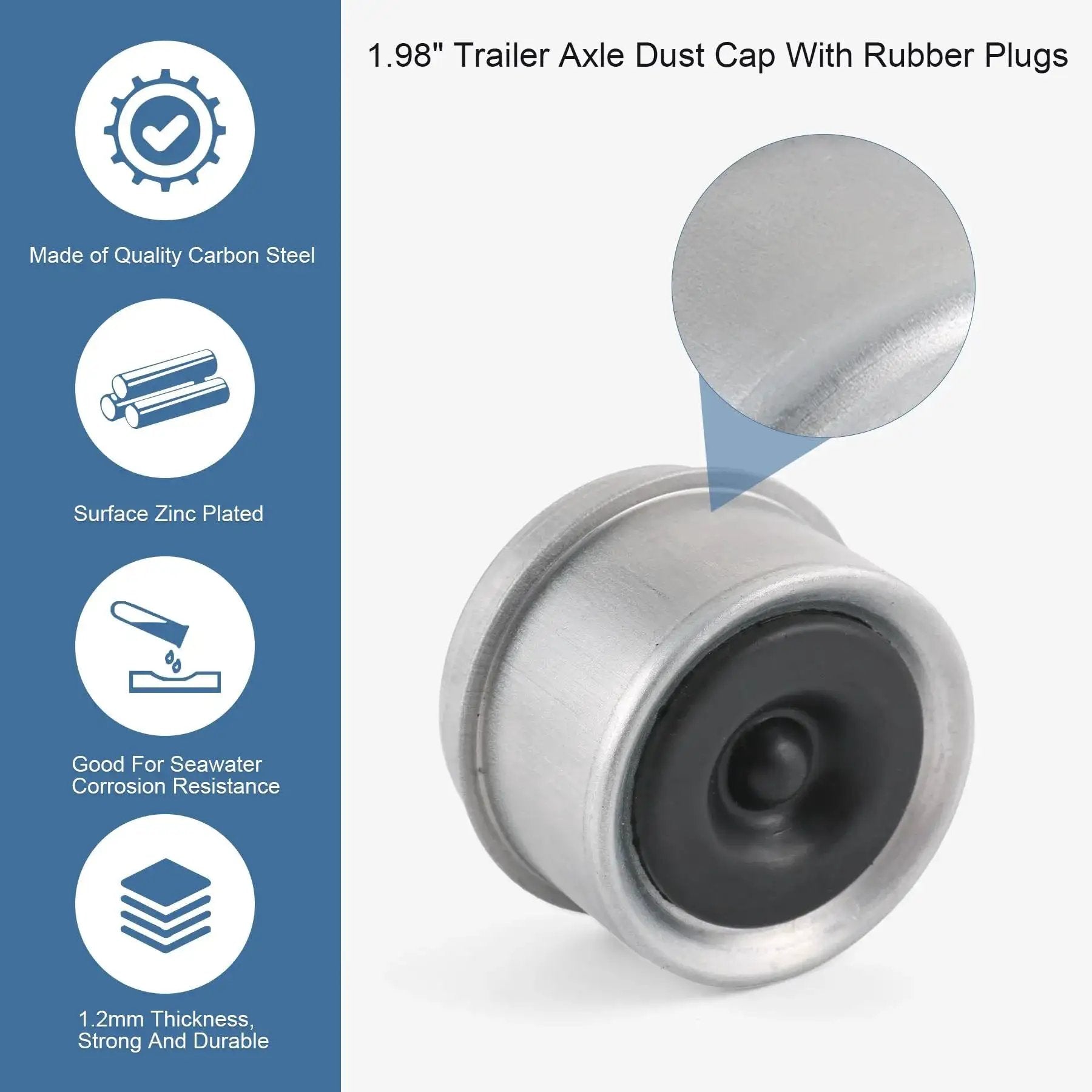 Close-up of 4 Pack 1.98 Inch Trailer Axle Dust Cap Hub Grease Cover Kit With Extra Rubber Plugs For Most 2000 To 3500 Pound Axles Dexter EZ Lube Compatible