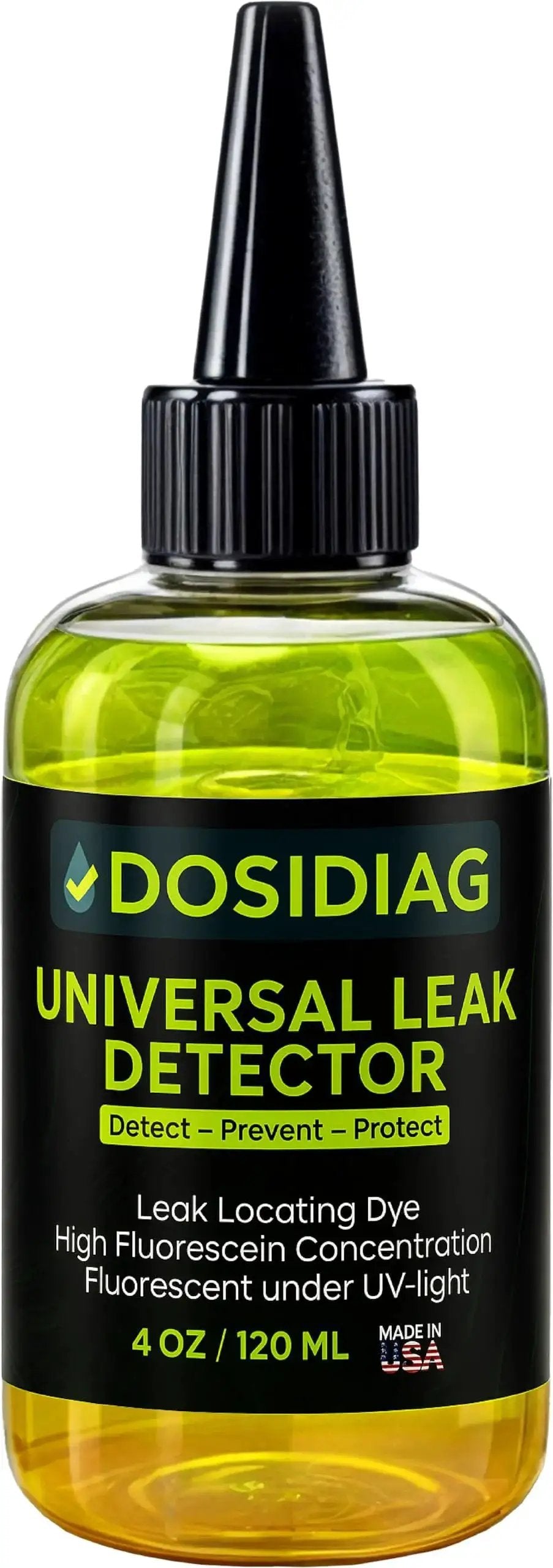 Front view of 4 oz bottle of Universal Leak Detector Tracer Dye for Pools Spas Plumbing Roofs and Cars with High Visibility and 100 Percent UV Compatible Formula