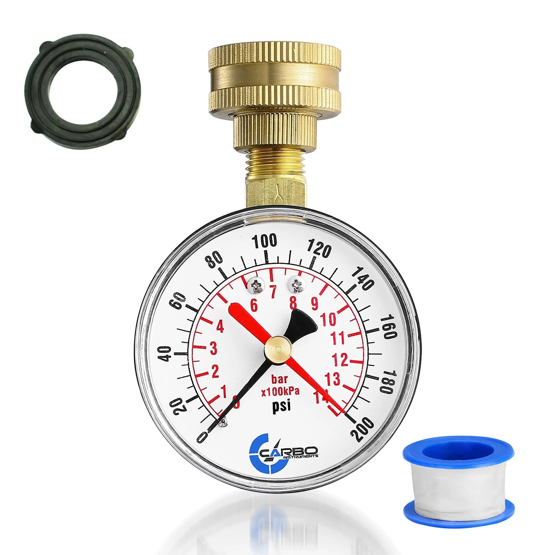Rugged Two And A Half Inch Water Pressure Gauge With Peak Memory And Red Max Pointer Built Tough For Home Garden RV And Indoor Outdoor Use 0-200 PSI Three Quarter Inch Female Hose Thread Rust Resistant Brass Connector CARBO Instruments