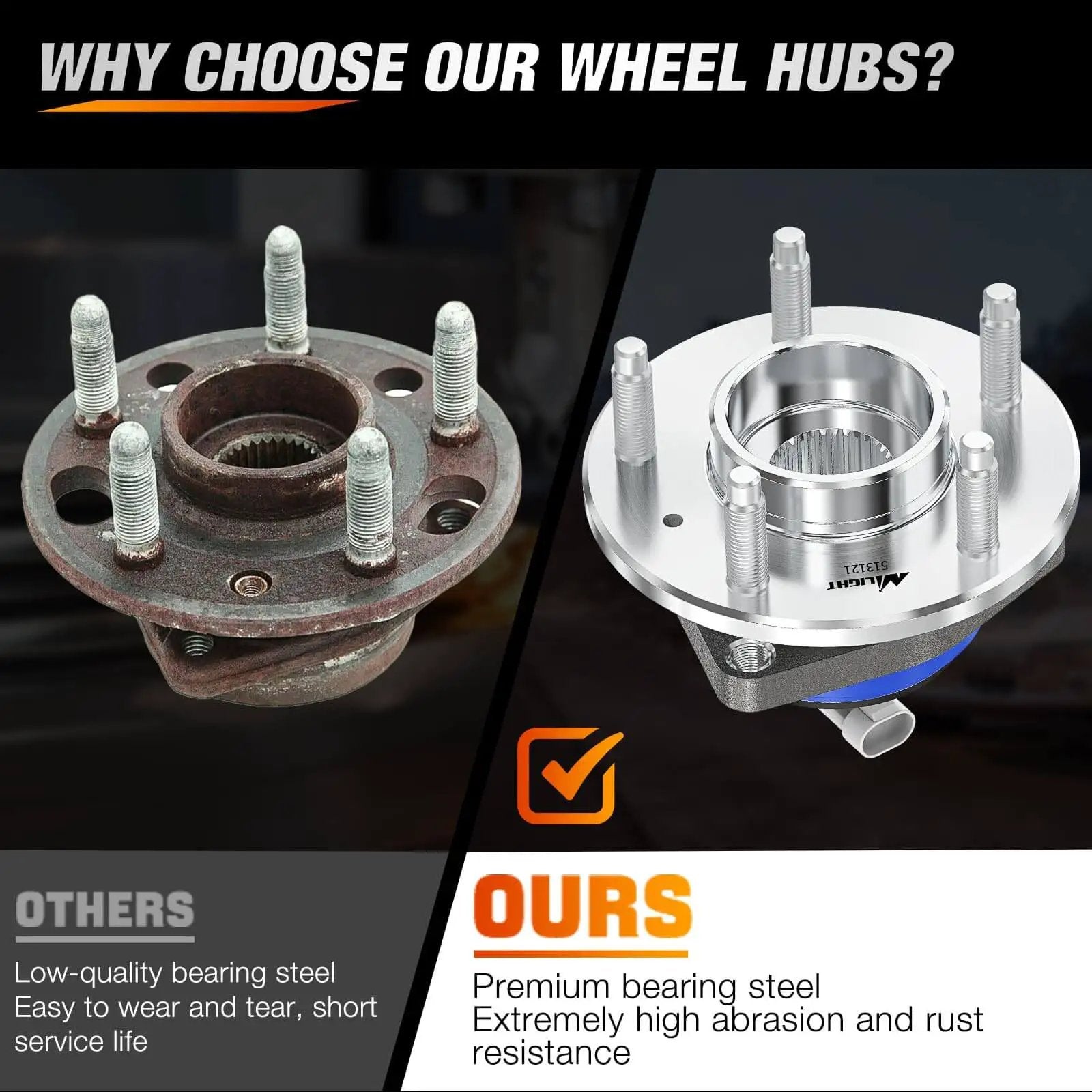 Comparison of rusted and new Single Front Wheel Hub and Bearing Assembly w/ ABS, Speed Sensor Included, Fits Chevy Impala 2000-2011