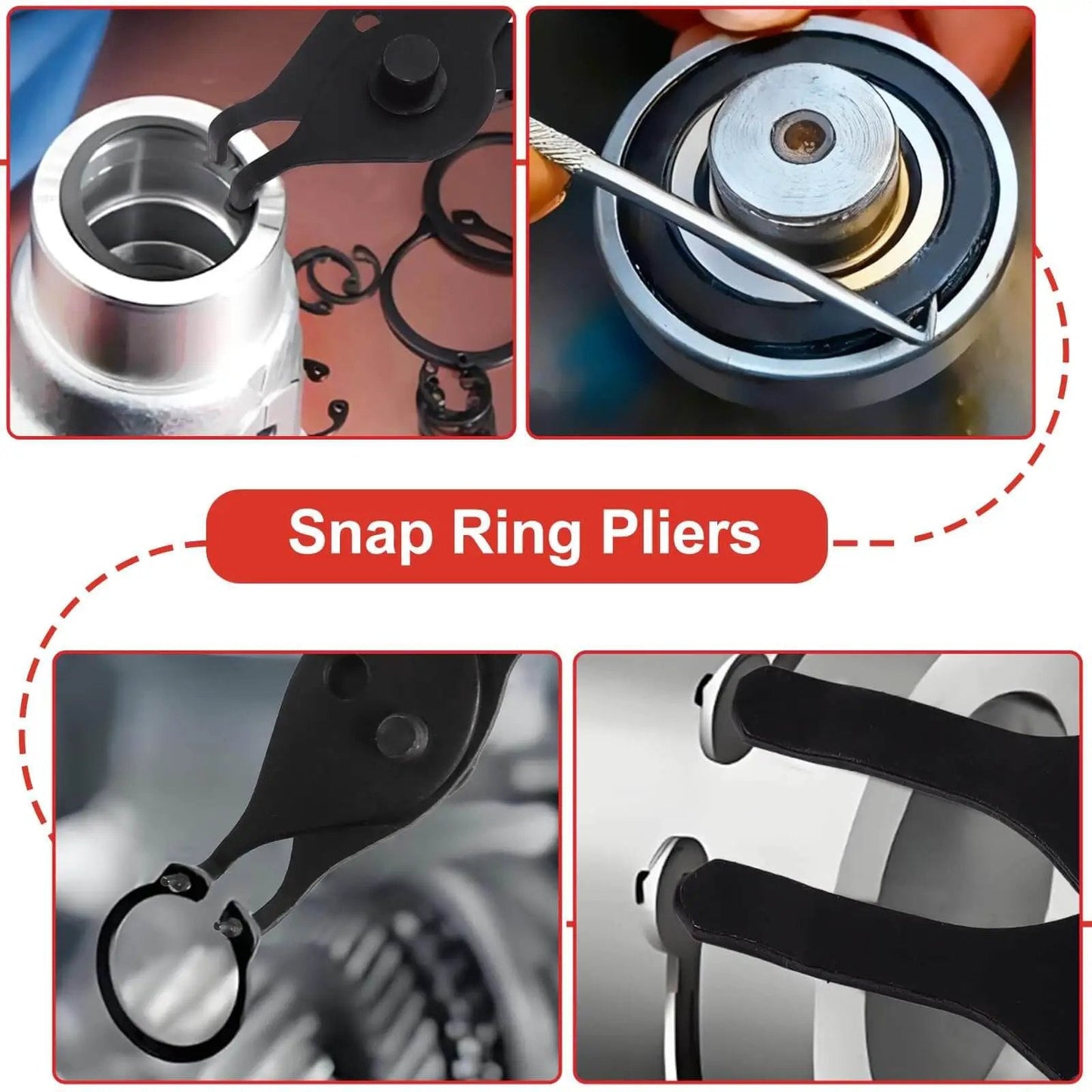 Ten Piece Snap Ring Pliers Set For Automotive Retaining Rings Removal And Installation Including Internal And External Circlips With Straight And Bent Jaw, Hook And Pick Tools In A Garage Ready Storage Case shown in various uses and views