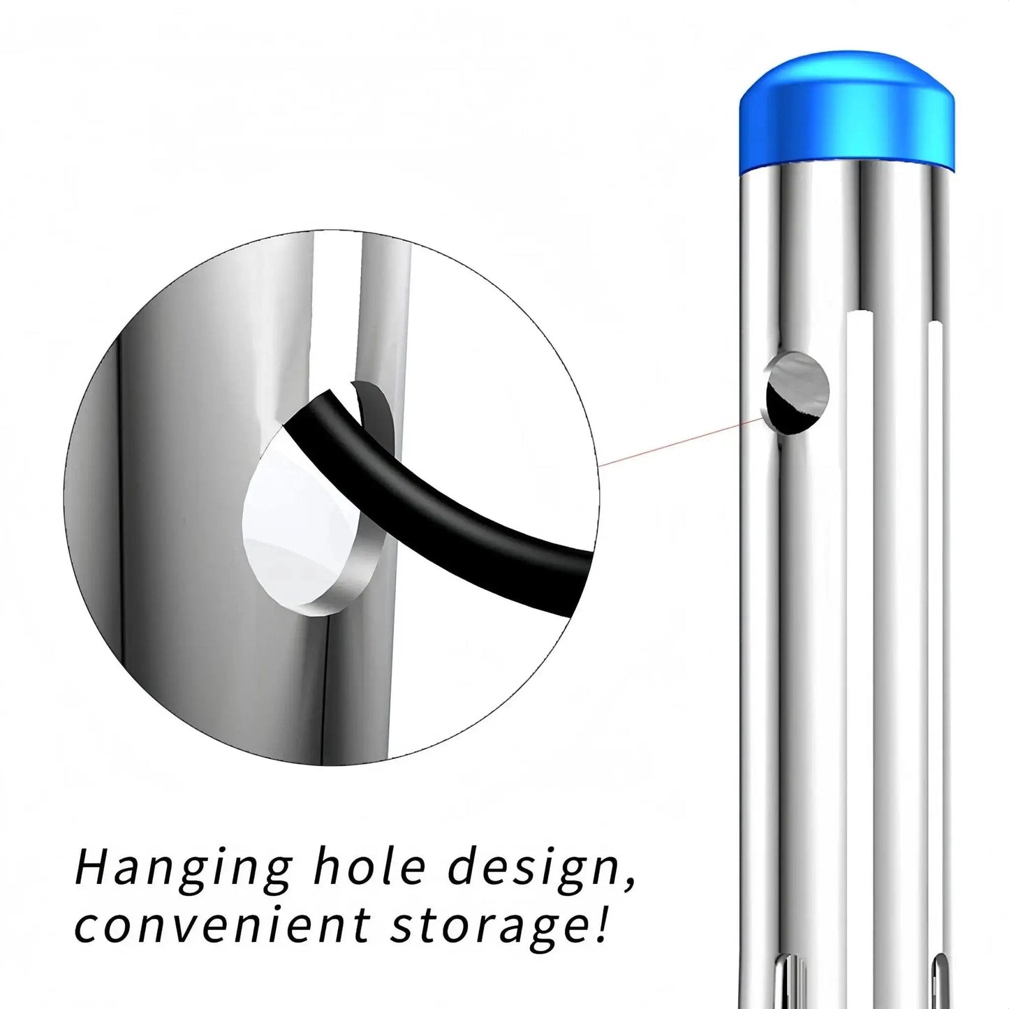Close-up of silver Bottom Bracket Bearing Press Tool For 22 To 24 Mm Spindles with blue cap, showing hanging hole design for storage.
