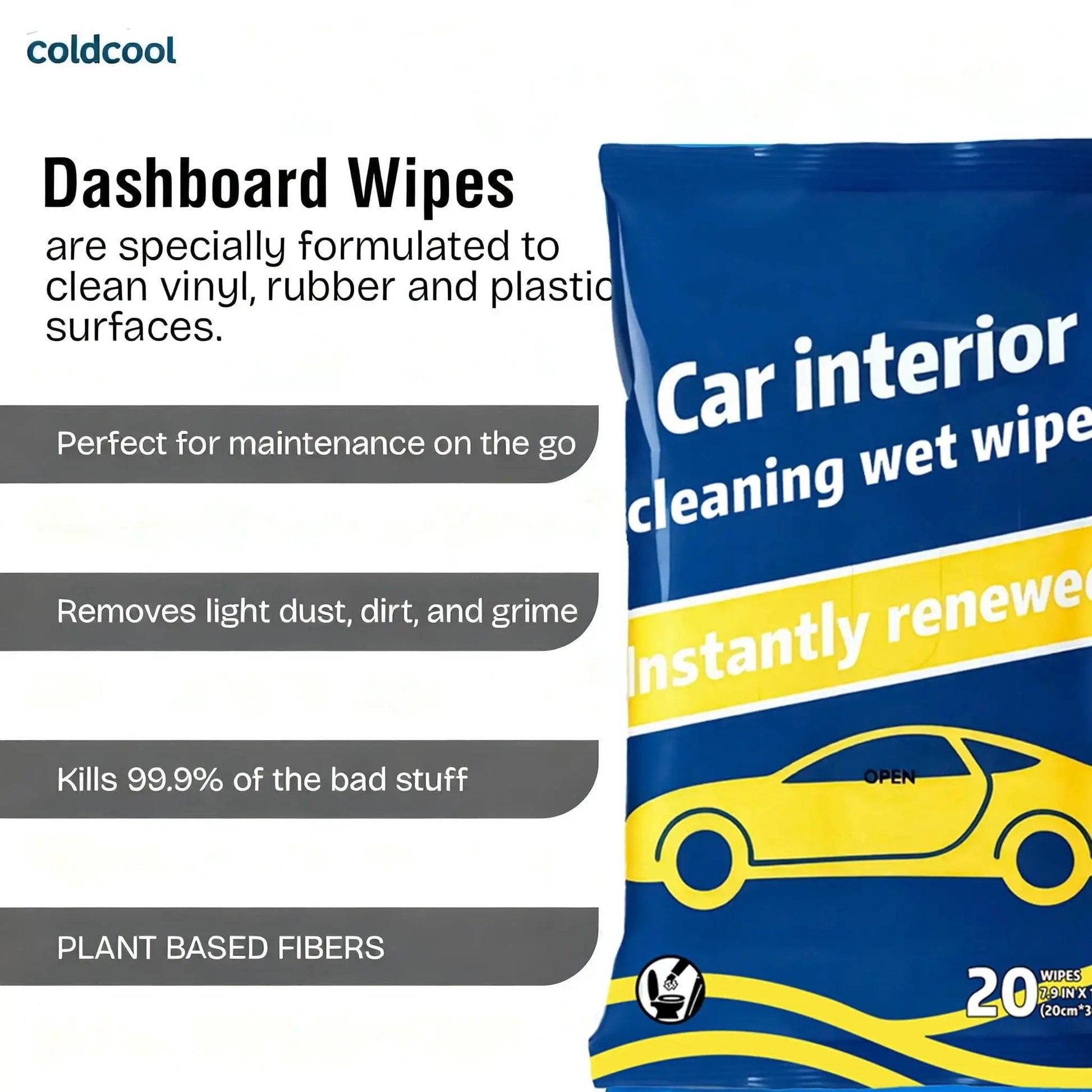 Close-up of Plant Based Car Interior Cleaning Wipes Multi Surface Cloths Super Absorbent packaging focusing on dashboard cleaning.