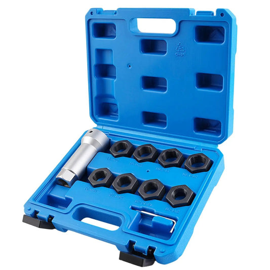 All-In-One Axle Thread Repair Kit For Spindles And Wheel Studs By Syizyen in a blue case with 8 dies and extension bar