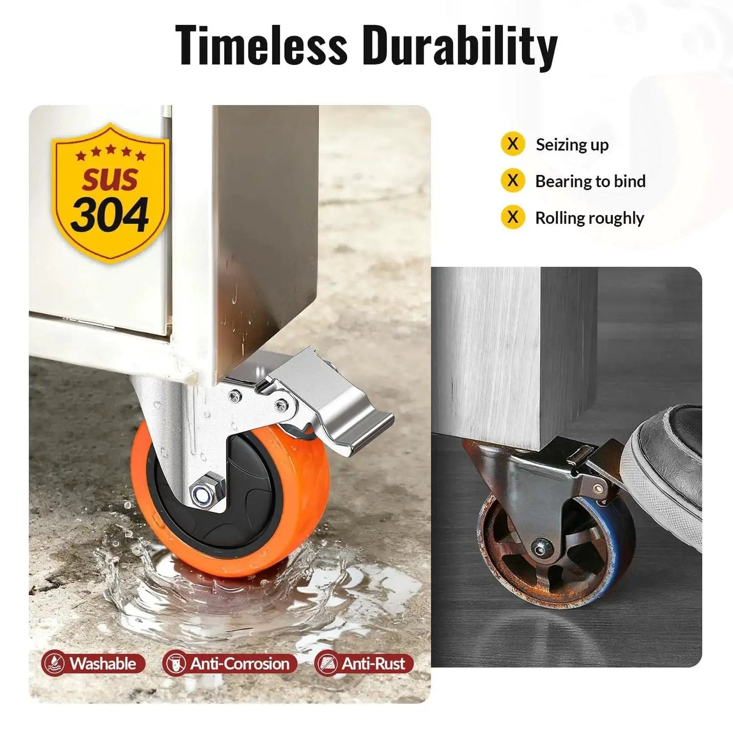 Stainless Steel 4 Inch Casters Set Of Four For Furniture And Equipment Anti Rust 304 Stainless Steel Heavy Duty Wheels in wet conditions