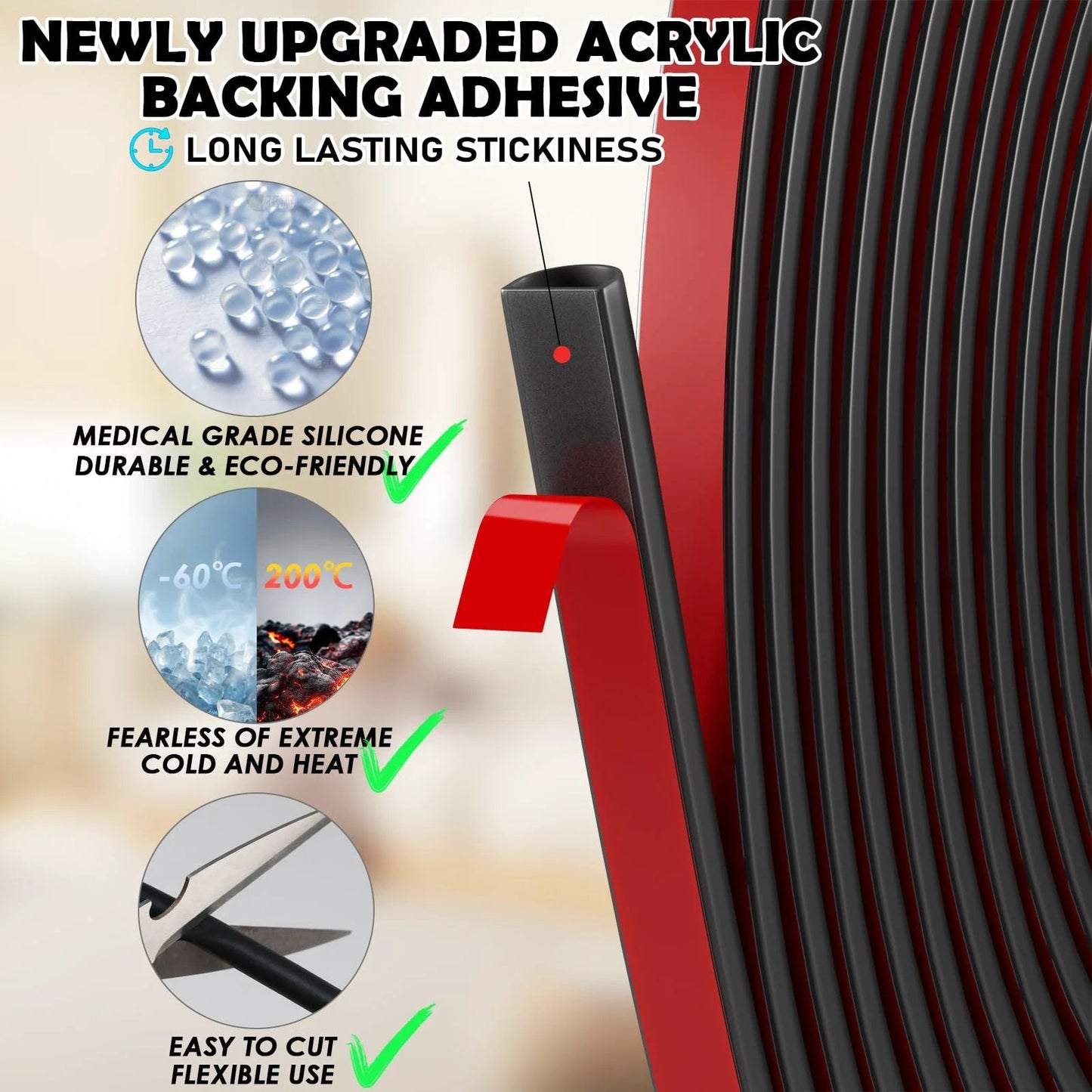 Close-up of 20Ft Self Adhesive Weather Stripping Door Seal Kit with Silicone D Shaped Strip highlighting features and benefits