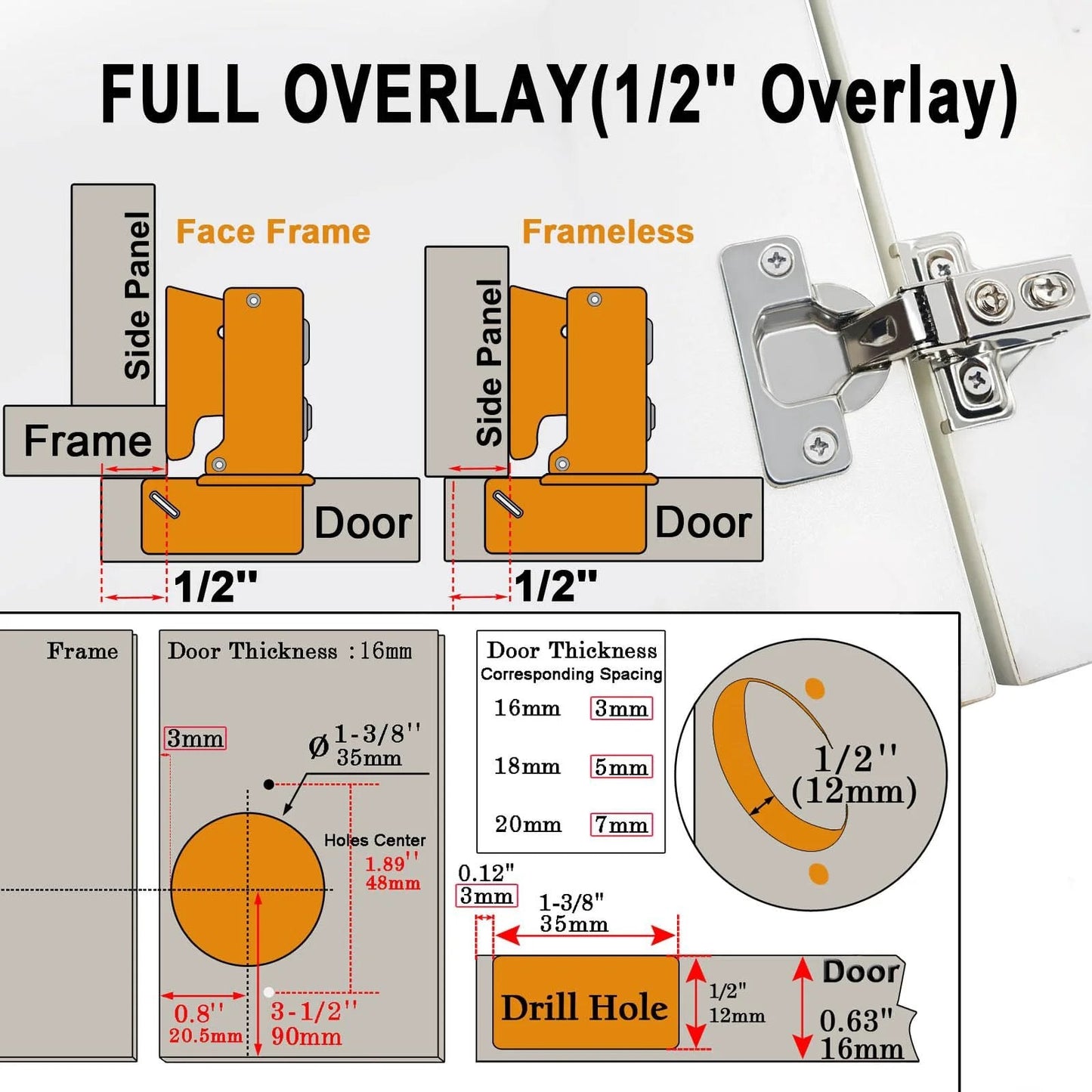 Diagram showing installation measurements for 24 Pack Half Inch Overlay Soft Close Cabinet Hinges For Kitchen Cabinets With 100 Degree Opening Angle In Stainless Steel Concealed Self Closing Design Includes Drilling Tool And Manual For Easy No Fuss Install.