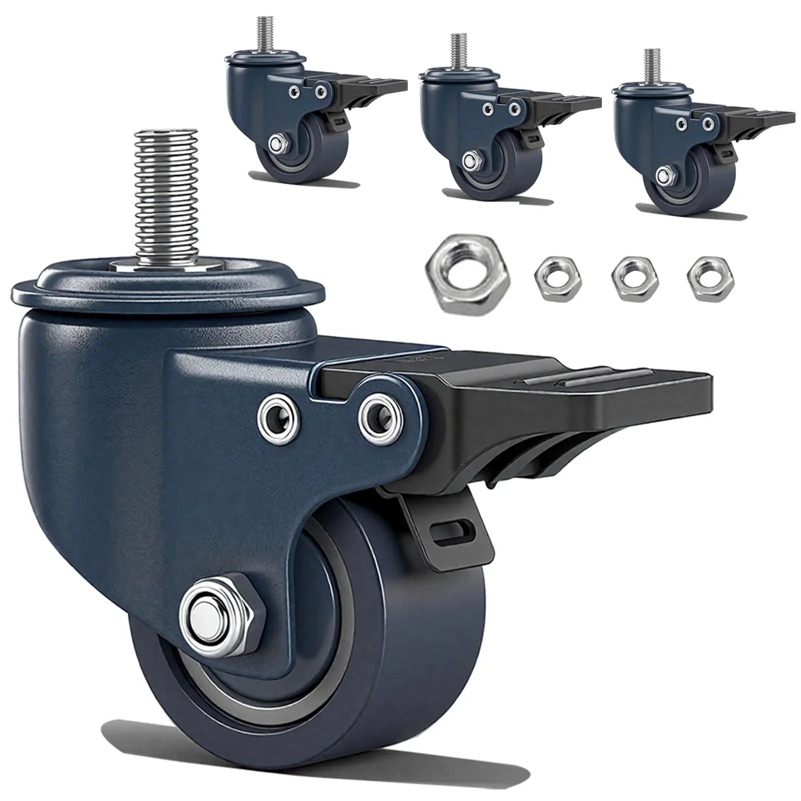 Heavy Duty M8 1.25 Threaded Stem Caster Wheels Set Of 4 1.6 Inch Swivel PU Castors With Locking Brake Blue Small Caster Wheels