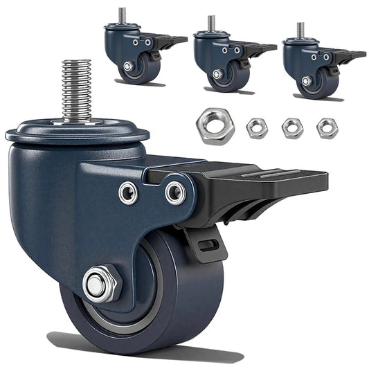 Heavy Duty M8 1.25 Threaded Stem Caster Wheels Set Of 4 1.6 Inch Swivel PU Castors With Locking Brake Blue Small Caster Wheels