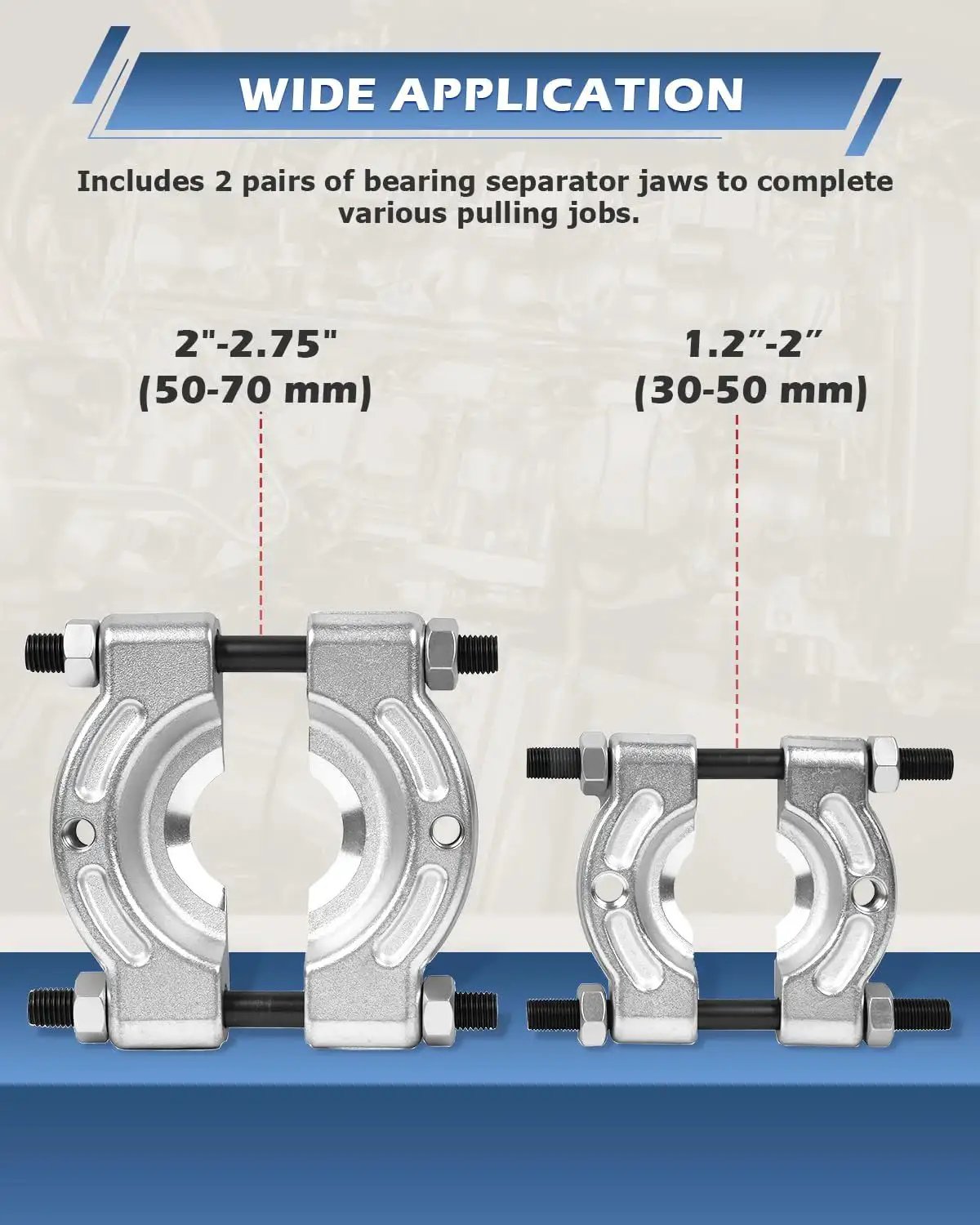 Two bearing separator jaws in 12 Piece Bearing Separator Set with Heavy Duty 5 Ton Capacity for 2 Inch and 3 Inch Bearings Splitters