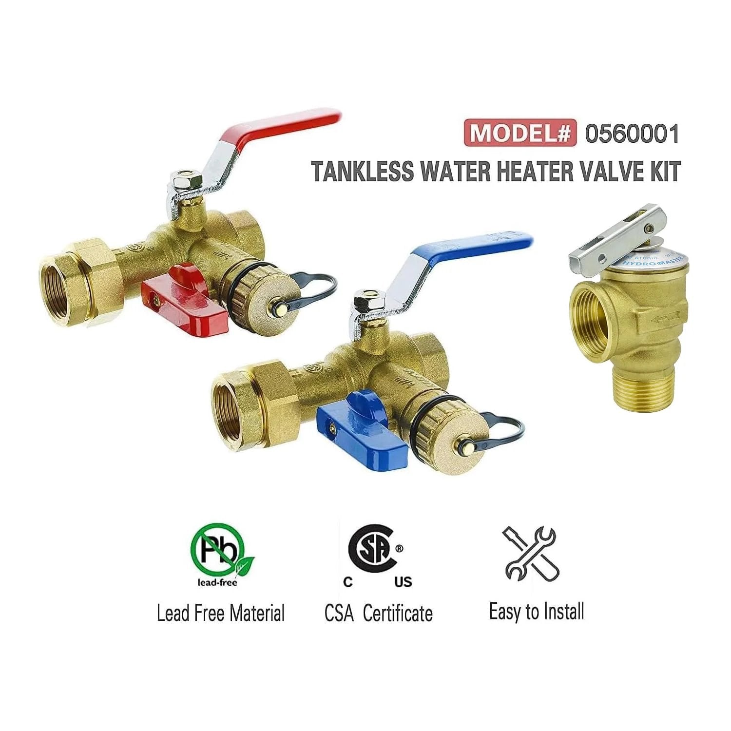 Tankless Water Heater Service Valve Kit With Pressure Relief Valve Three Quarter Inch IPS Isolator Clean Brass Durable Lead Free Forged Brass Construction Includes Hot And Cold Isolation Valves