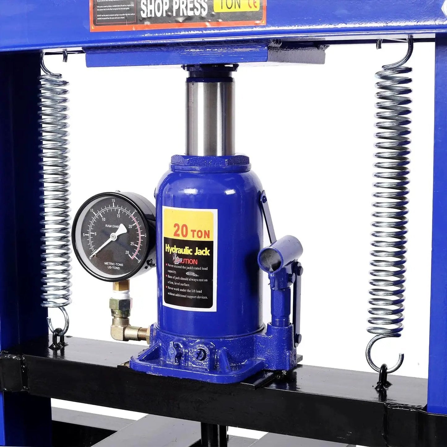 Close-up of 20 Ton Hydraulic Floor Press With Gauge H Frame For Ball Joints And Bushings, showing gauge and hydraulic jack.