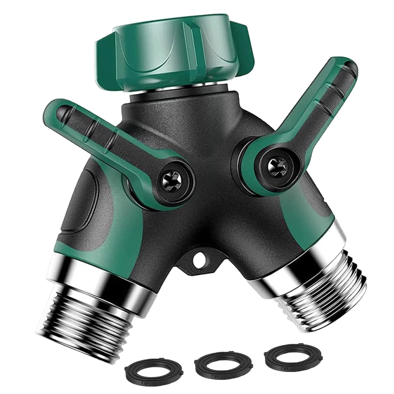 Garden Hose Splitter 2 Way With Long Handle Shut Off Valve Double Y Connector Faucet Splitter Hose Connector No Fuss Easy To Install And Durable, visible with two green handles and metal connectors.