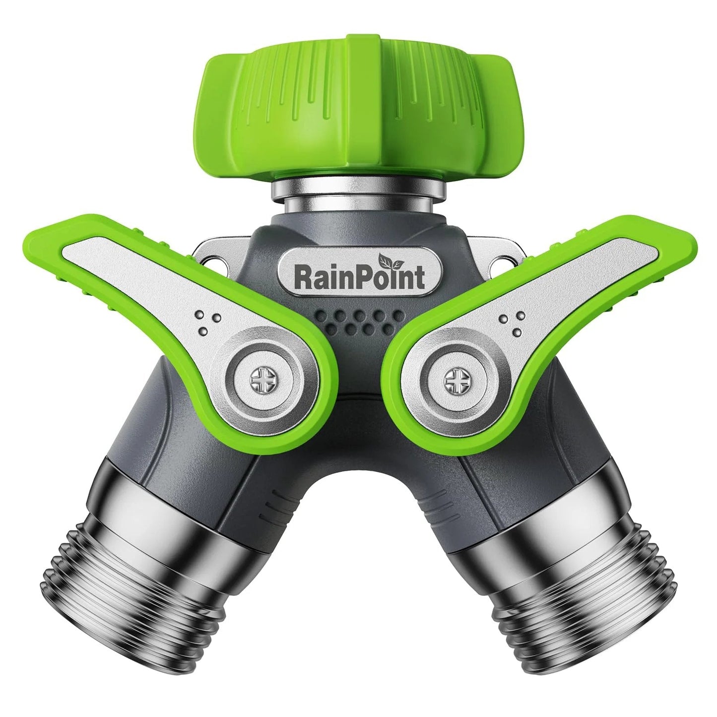 Heavy Duty Metal Garden Hose Splitter 2 Way Y Valve With Shutoff, Three Quarter Inch GHT Thread, RainPoint Green in image.