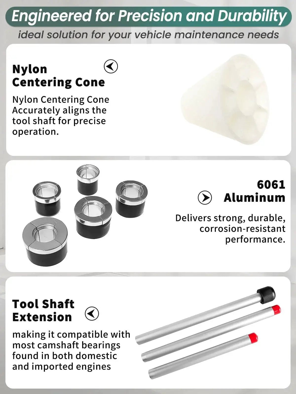 Nylon centering cone and aluminum adapters from Cam Bearing Removal And Installation Tool Kit with 1-1/8 to 2-2/3 inch adapters.