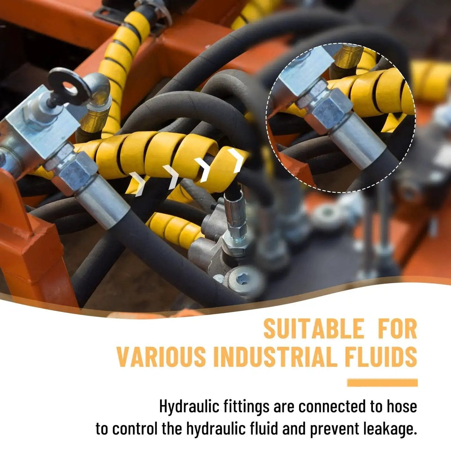 Close-up of hydraulic hose fittings with protective covers connected to equipment, featuring 1/4 inch NPTF male ends.