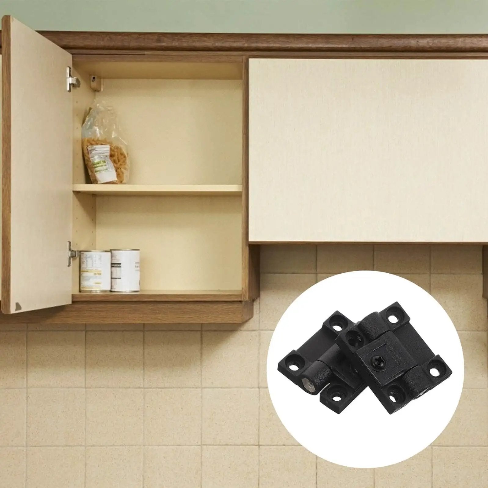 Plastic 90 Degree Cabinet Door Hinge With Folding Torque And Ball Bearing For Kitchen And Bathroom Furniture No Tools Required Easy Pair Installation OHPHCALL, black plastic hinge on wooden cabinet door.