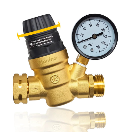 Adjustable RV Water Pressure Regulator Valve With Gauge And Inlet Screen Filter Brass Lead Free No Tool Required Must Have For Camper Travel Trailer And RV Plumbing Protection Great For Any Road Trip side view with gauge and adjustment knob.