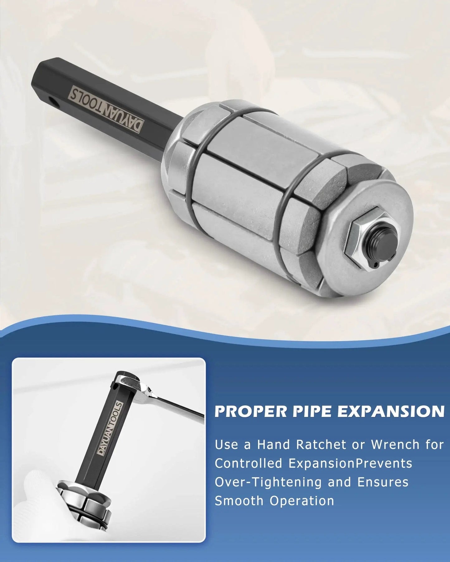Close-up view of Exhaust Pipe Expander Tool Set 3 Pcs 1-1/8 To 3-1/2 Universal Tail Pipe Spreader with handle and instructions