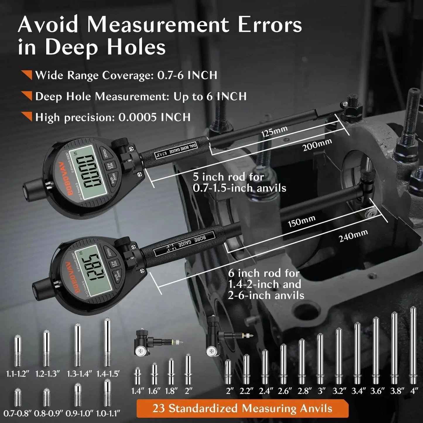 Digital Dial Bore Gauge Set 0.7 to 6 Inch Range with 150mm Depth, Ultra Precision 0.0005 Inch, 23 Anvils displayed with measurements