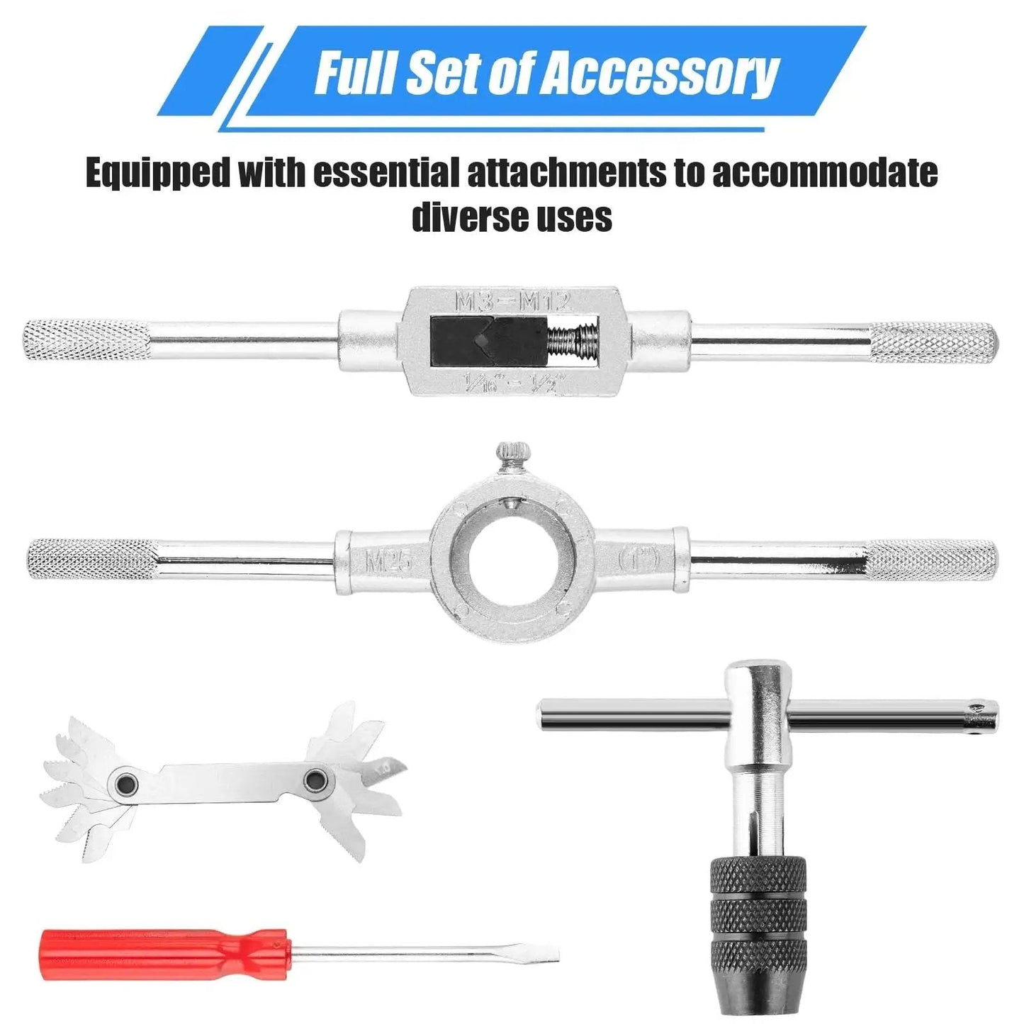 Premium 40 Piece Metric Tap And Die Set For M3 To M12 Taps And Dies With Full Threading Kit And Accessories, tools on display