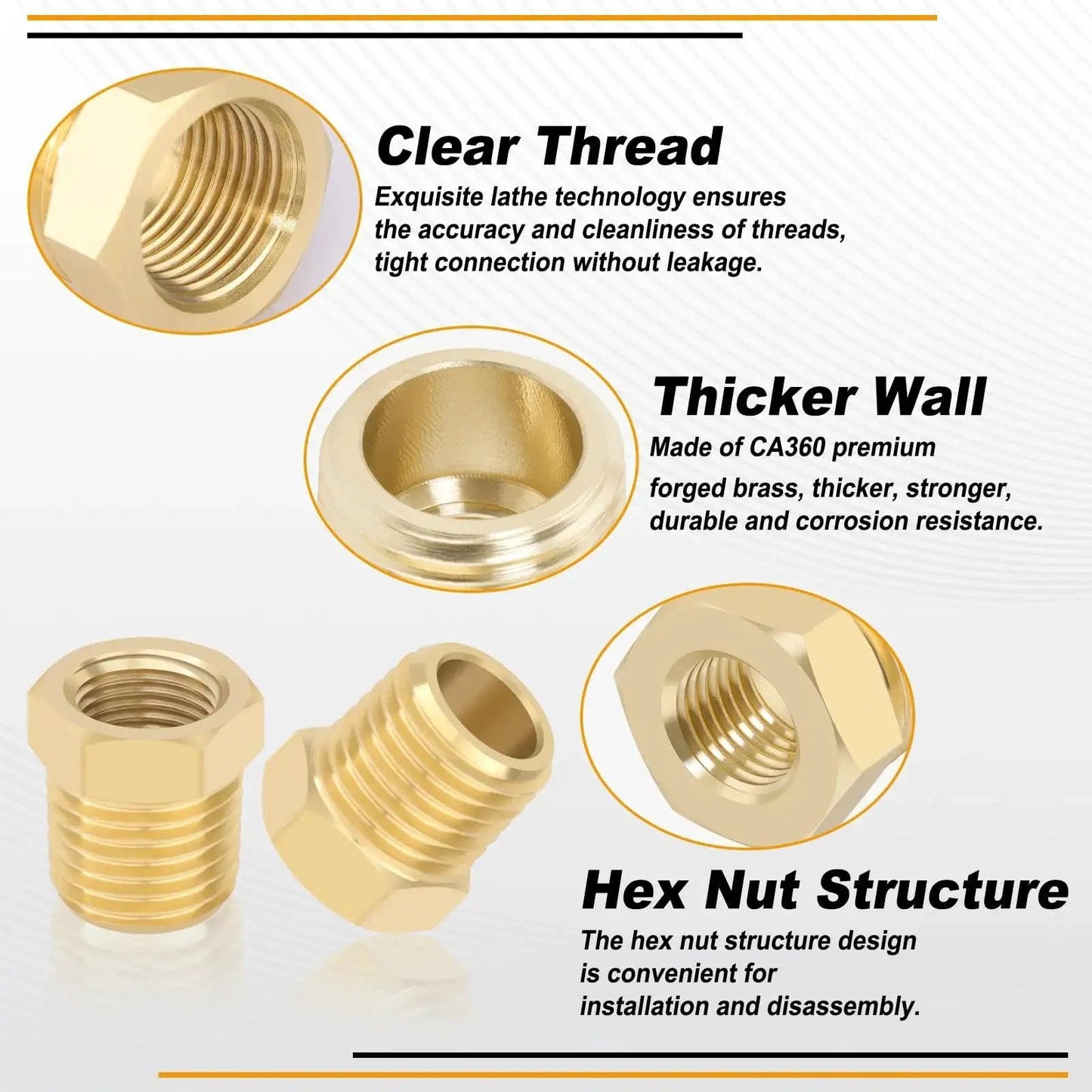 Heavy Duty 4 Piece Pro Grade Brass Reducer Hex Bushing Set 1/4 NPT Male To 1/8 NPT Female Pipe Fittings with Clear Thread