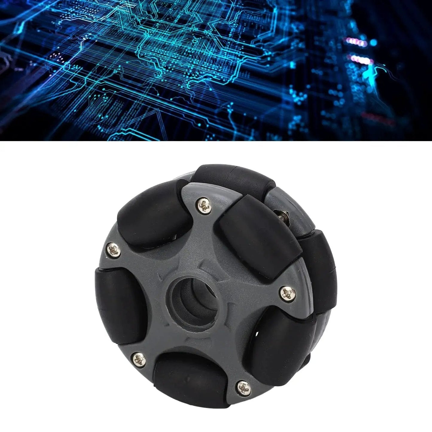 Omni Directional 58mm Plastic Wheel With Double Row 360 Degree Rotation For Robots Go Karts And ATVs in black and grey.