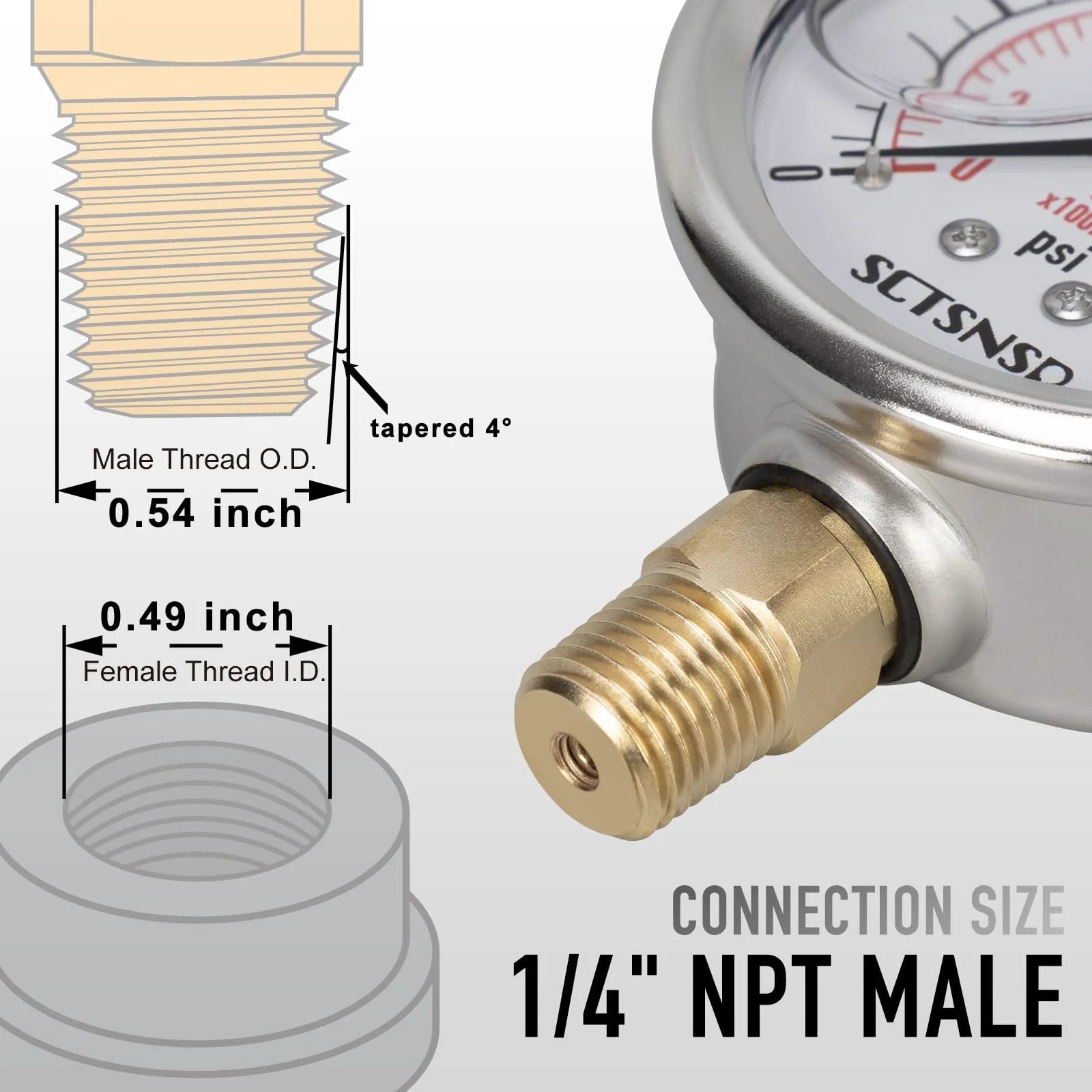 Glycerin Filled 0 To 3000 Psi Pressure Gauge, Two And A Half Inch Dial, Lower Mount One Quarter Inch NPT, Stainless Steel Case, Brass Core