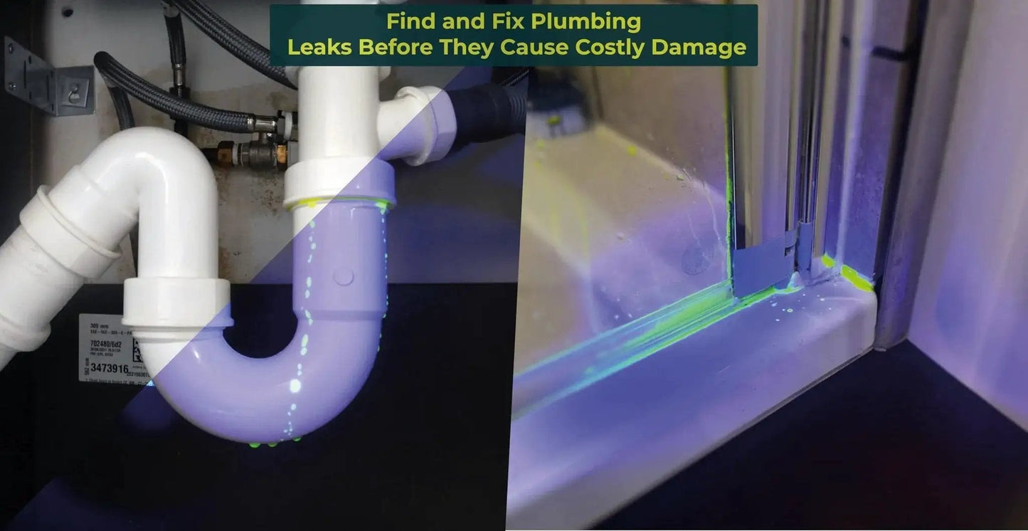 Universal Leak Detector Tracer Dye For Pools Spas Plumbing Roofs And Cars With High Visibility And 100 Percent UV Compatible Formula highlighting leaks in plumbing and windowsill.