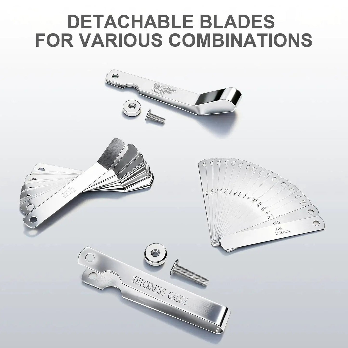 Stainless Steel Feeler Gauge Set With 32 Straight Blades And 16 Angled Blades For Precise Gap And Thickness Measurement And Stackable Blades For Readings Pro Grade For Guitar Setup Spark Plugs Valves Piston Clearance And Auto Marine DIY Projects