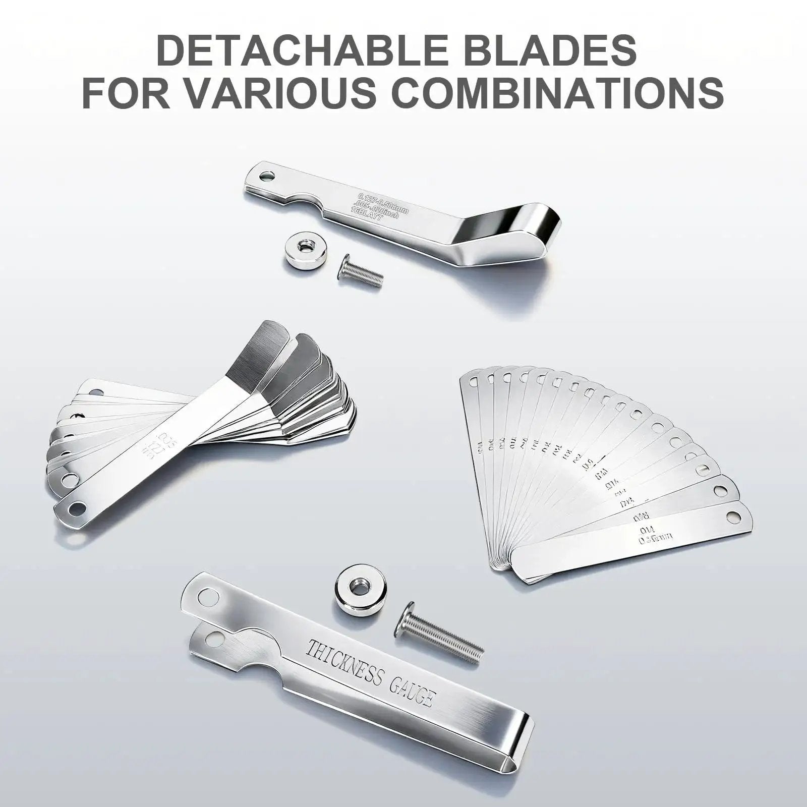 Stainless Steel Feeler Gauge Set With 32 Straight Blades And 16 Angled Blades For Precise Gap And Thickness Measurement And Stackable Blades For Readings Pro Grade For Guitar Setup Spark Plugs Valves Piston Clearance And Auto Marine DIY Projects