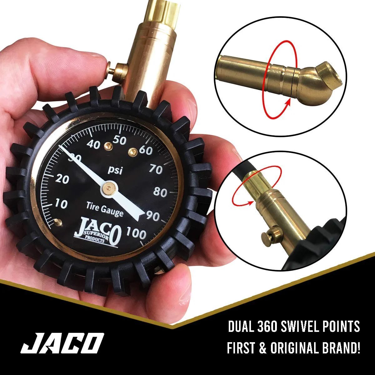 ElitePro Tire Pressure Gauge 100 PSI Mechanic Recommended Battery Free Precision With ANSI Certified Accuracy Plus Or Minus 1.5 Percent Brass Construction Handheld with dual 360 swivel points