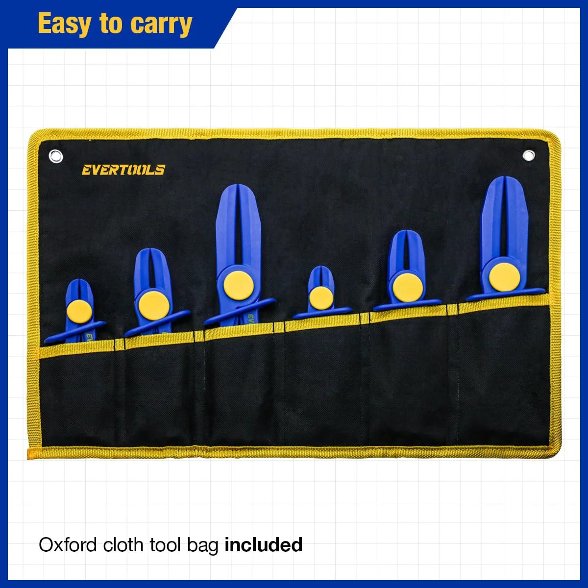 6 Piece Hose Pinch Clamp Pliers Set For Brake Fuel Radiator Hoses All In One Kit With 3 Sizes And Oxford Tool Bag Perfect Gift For Dads And DIYers By Evertools displayed in open Oxford bag