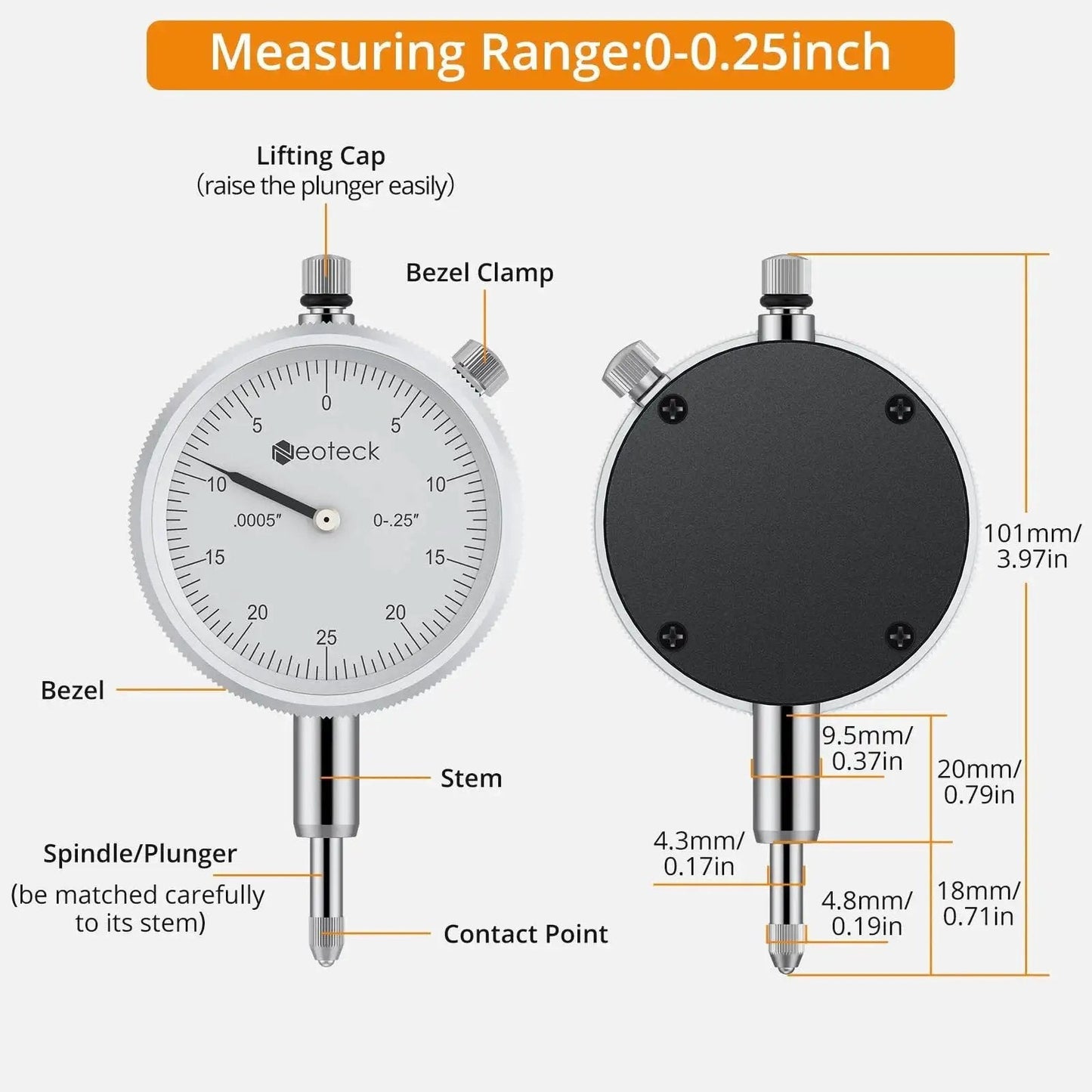 Dial indicator with 0-0.25 inch range, front and back view showing bezel, spindle, and lifting cap.