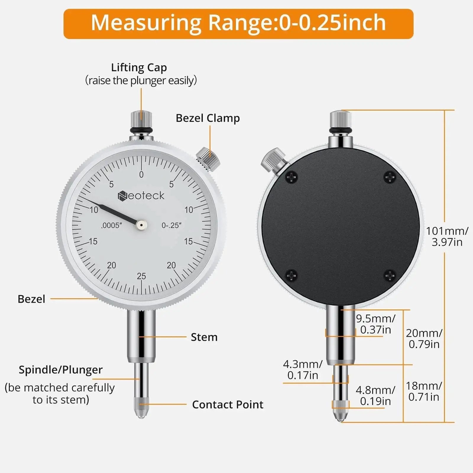 Dial indicator with 0-0.25 inch range, front and back view showing bezel, spindle, and lifting cap.