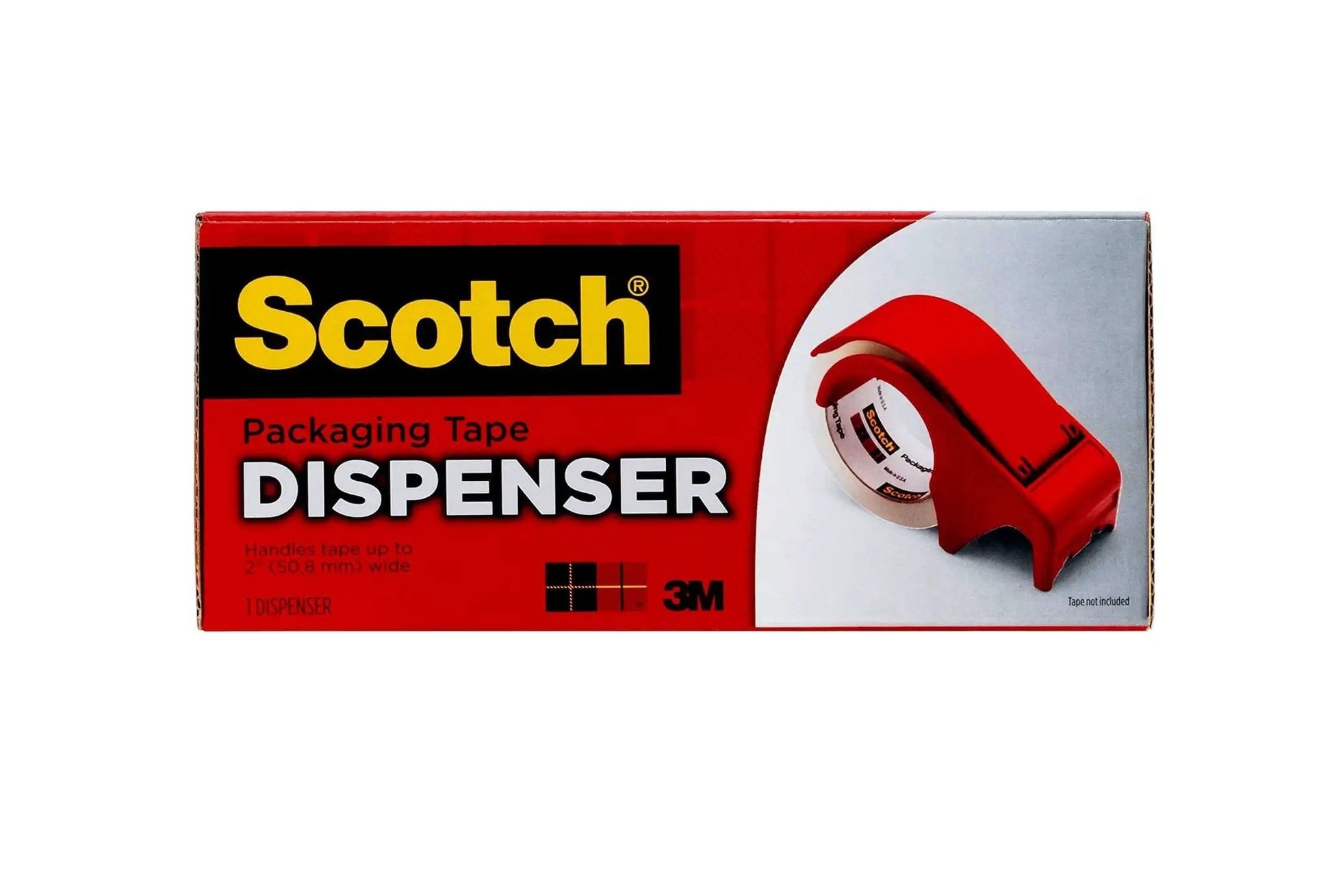 Packaging box of a red portable heavy-duty packaging tape dispenser with hand brake for 3 in (76 mm) core rolls.