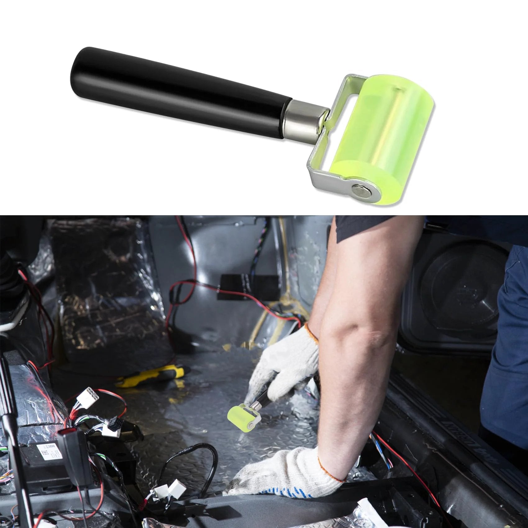 Pro Grade Car Sound Deadening Roller Tool For Seam Rolling And Heat Abatement Mat Installation, Rubber Wheel With Wood Handle