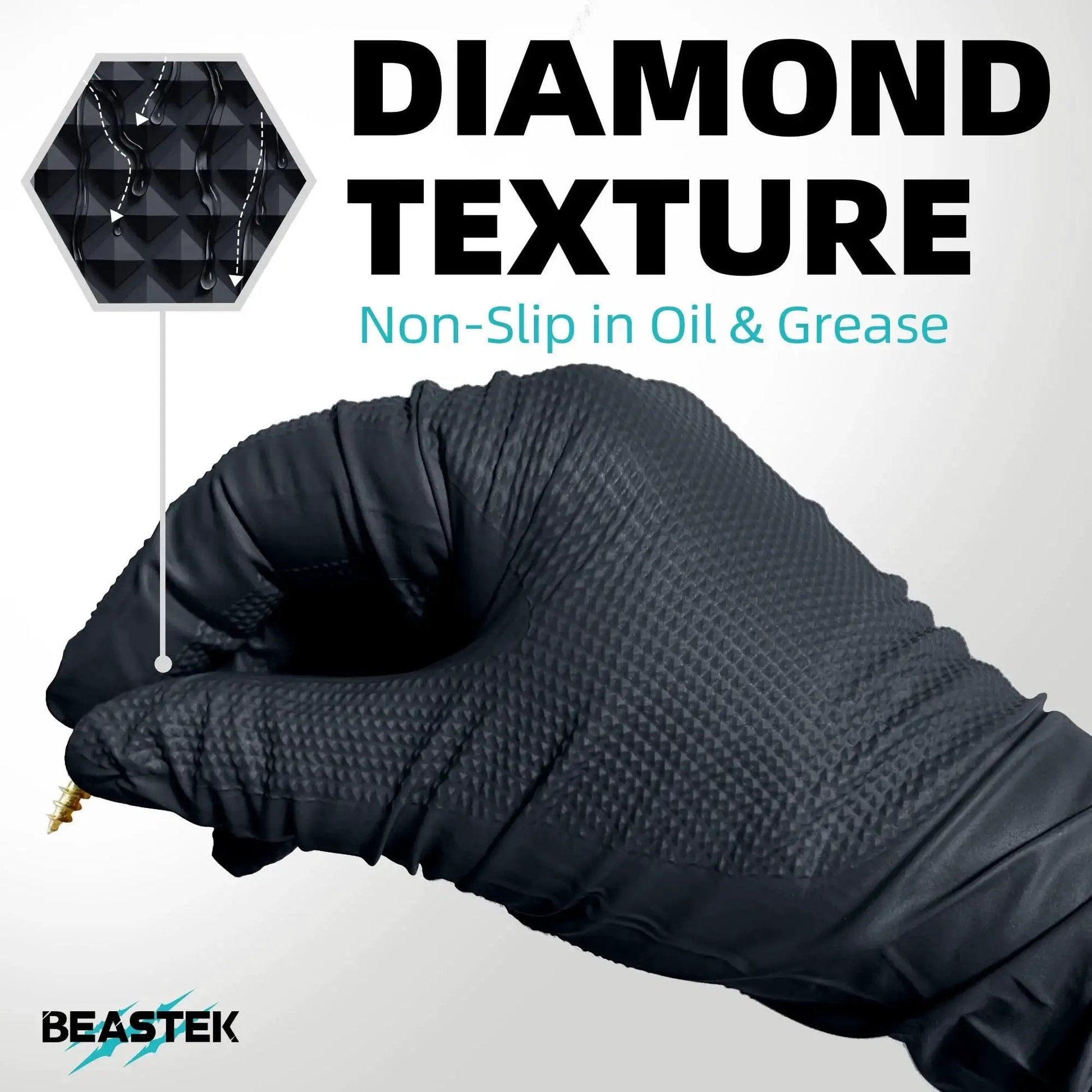 Close-up of 8 Mil Nitrile Disposable Gloves Diamond Textured Black Food Safe Large 50 Pcs, showing non-slip grip.
