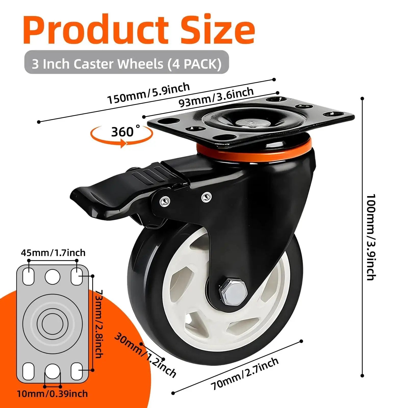 Heavy Duty Industrial Casters Set Of 4 With Locking Swivel Top Plate Wheels For Furniture And Workbench Carts, 3 Inch Diameter, Load Capacity Up To 1500 Lbs, Includes 2 Braked And 2 Unbraked Casters, front view with product size diagram