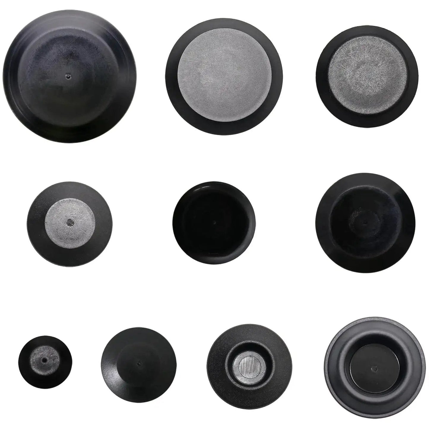 50 Pack Plastic Hole Plugs For Auto Body And Sheet Metal, Flush Mount And Button Cap Plugs, various sizes and types in a grid layout