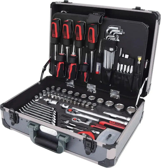 Open case showing One Quarter And One Half Inch Drive Universal Tool Kit Set 149 Pieces with various tools inside