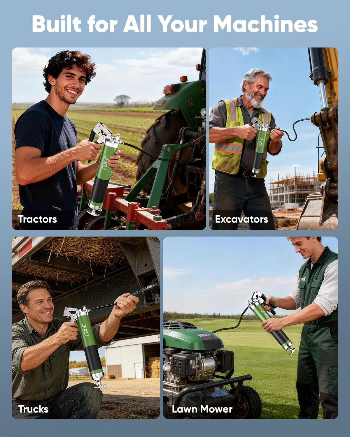 Collage of people using Heavy Duty 8000 PSI Manual Grease Gun Kit With Pistol Grip Air Bleed Valve on tractors, excavators, trucks, and lawn mowers.