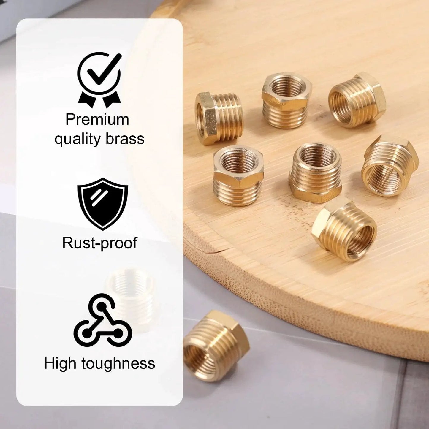 Brass Hex Bushing Reducer One Quarter Inch NPT Male To One Eighth Inch NPT Female, 9 pieces on display, rust-proof and durable for plumbing.